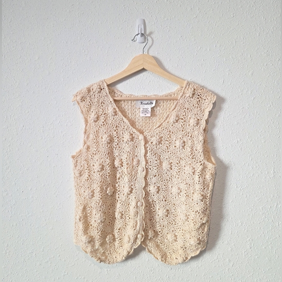 Vintage Sweaters - Vintage Cream Floral Crochet Button Up Vest M
